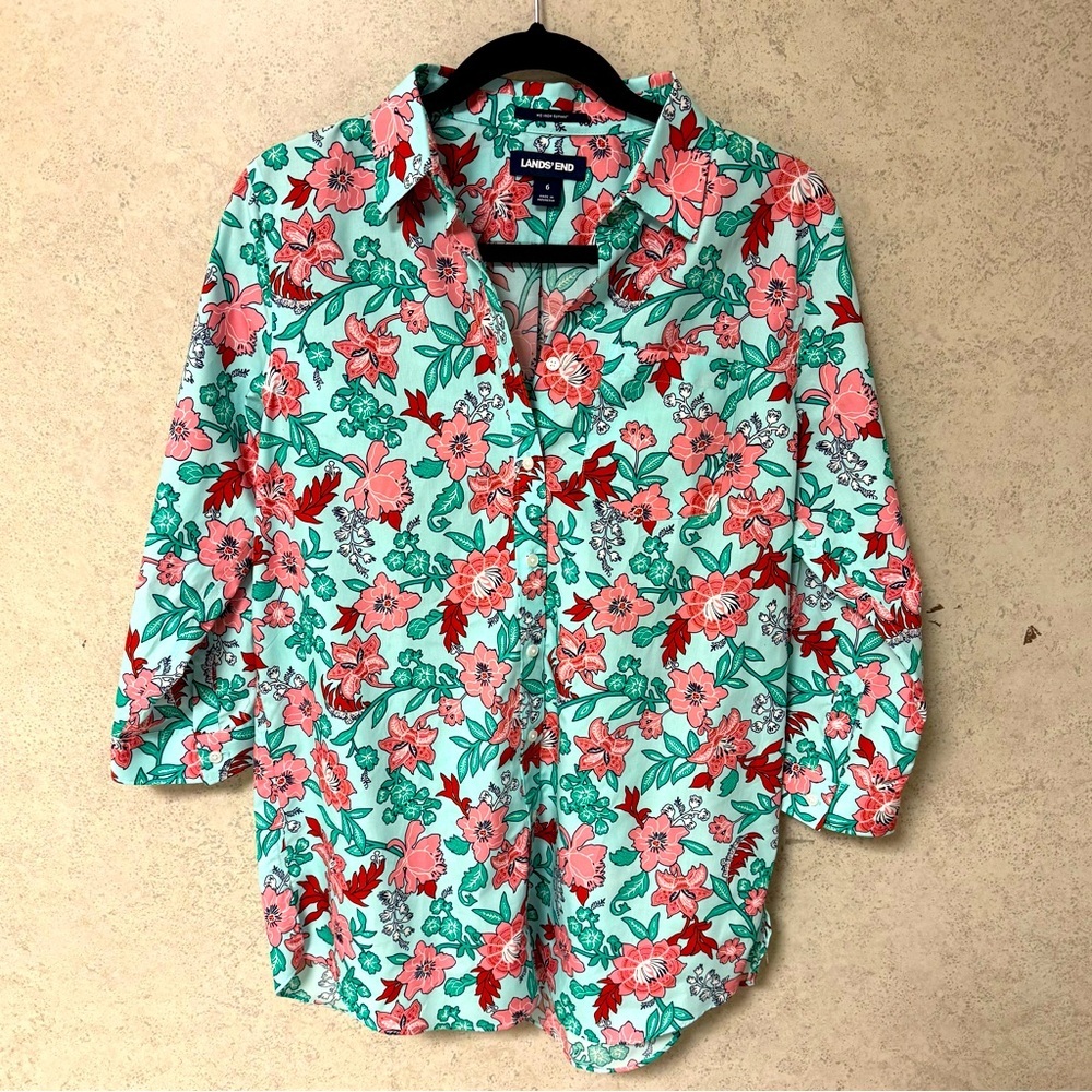 LANDS END SZ 6  WOMENS‎ COTTON FLOWER COLORFUL BUTTON UP SPRING  COLLARED SHIRT